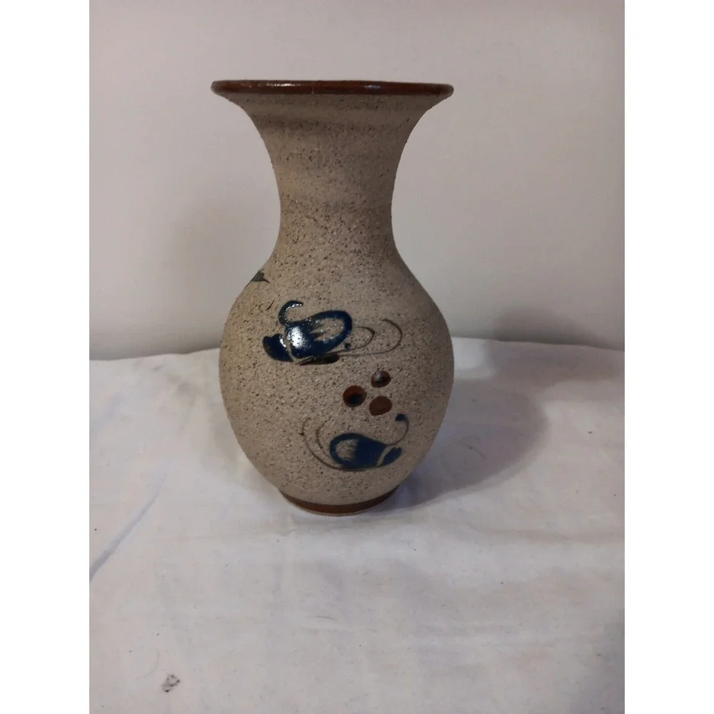 Vtg Sandstone Vase 6 Inch Mexico Hand‎ Painted Blue Bird Floral Art Decor Signed
